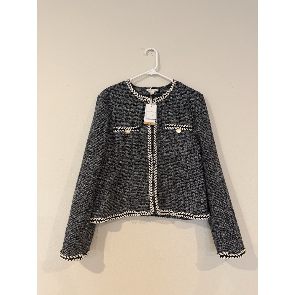 NWT Nice And Chic Tweed Jacket/Blazer Navy With White Braided Trim Size Large
